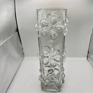Pier 1 Daisy Embossed Clear Glass Square 3D Flower Tall Vase 12"